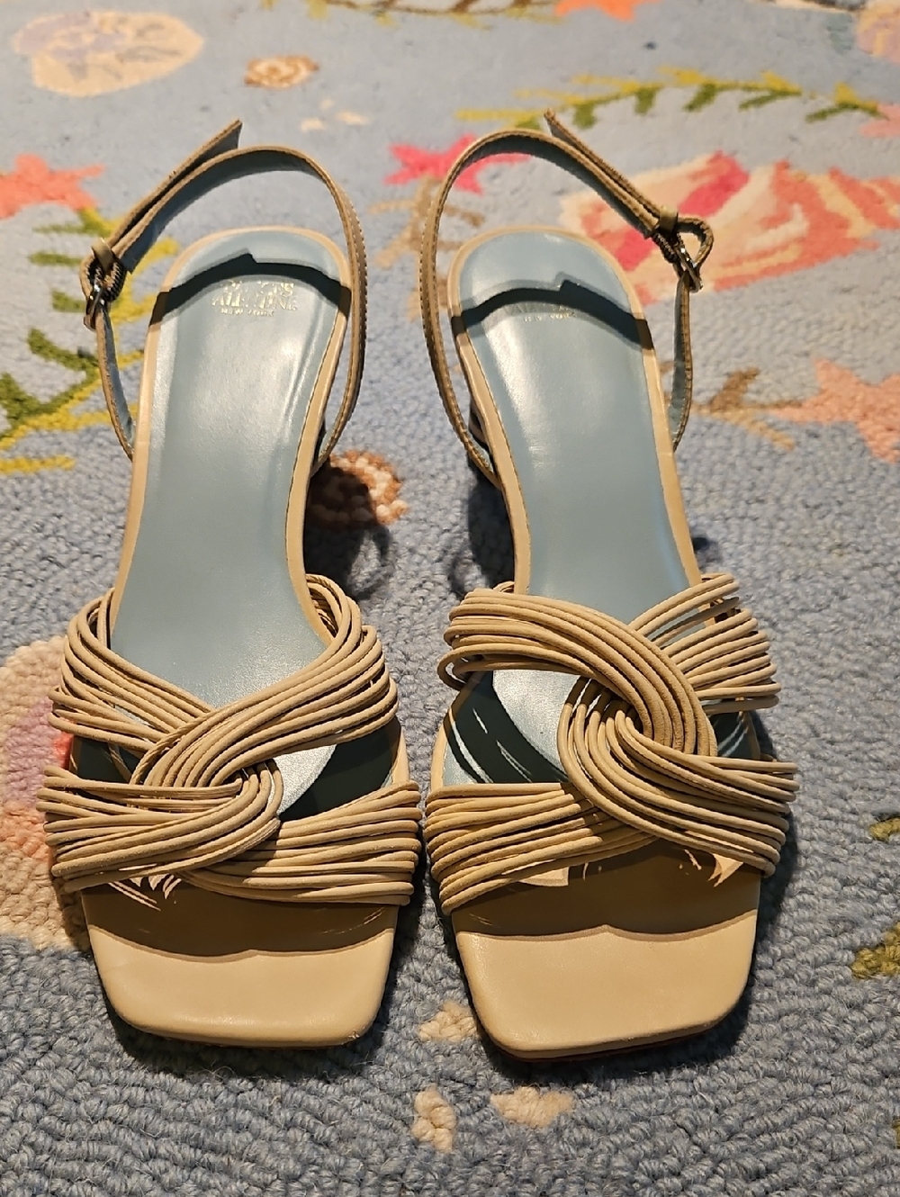 Frances Valentine Beige Spaghetti Strap Sandals with Green & Black Accent Heel - Picture 2 of 6